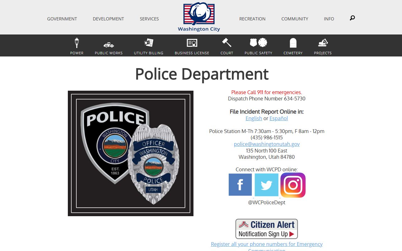 Washington City Police Department website for warrant records