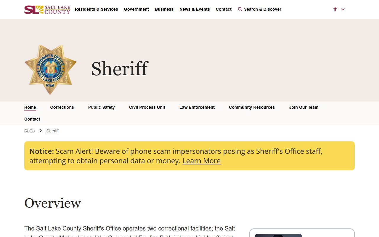 Salt Lake County Sheriff website for warrant records and law enforcement services