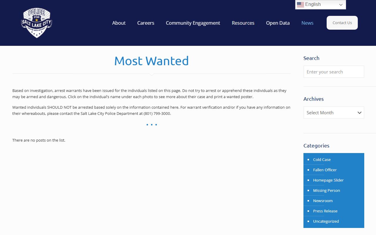 SLCPD Most Wanted page showing active warrant records in Salt Lake County
