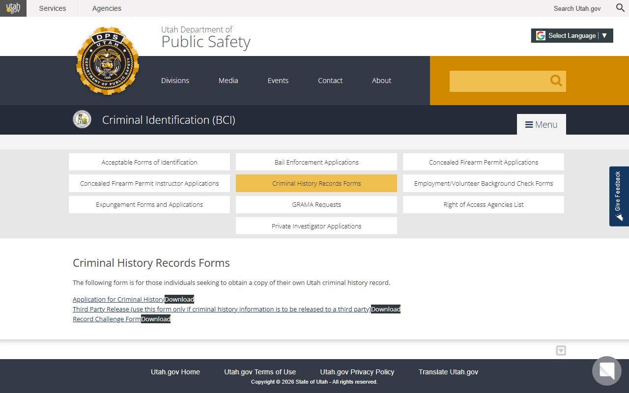 BCI criminal history records page for Utah warrant and arrest records