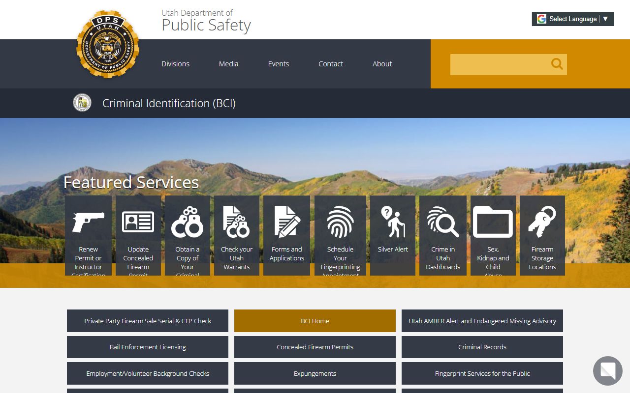 Utah Bureau of Criminal Identification homepage for warrant records search