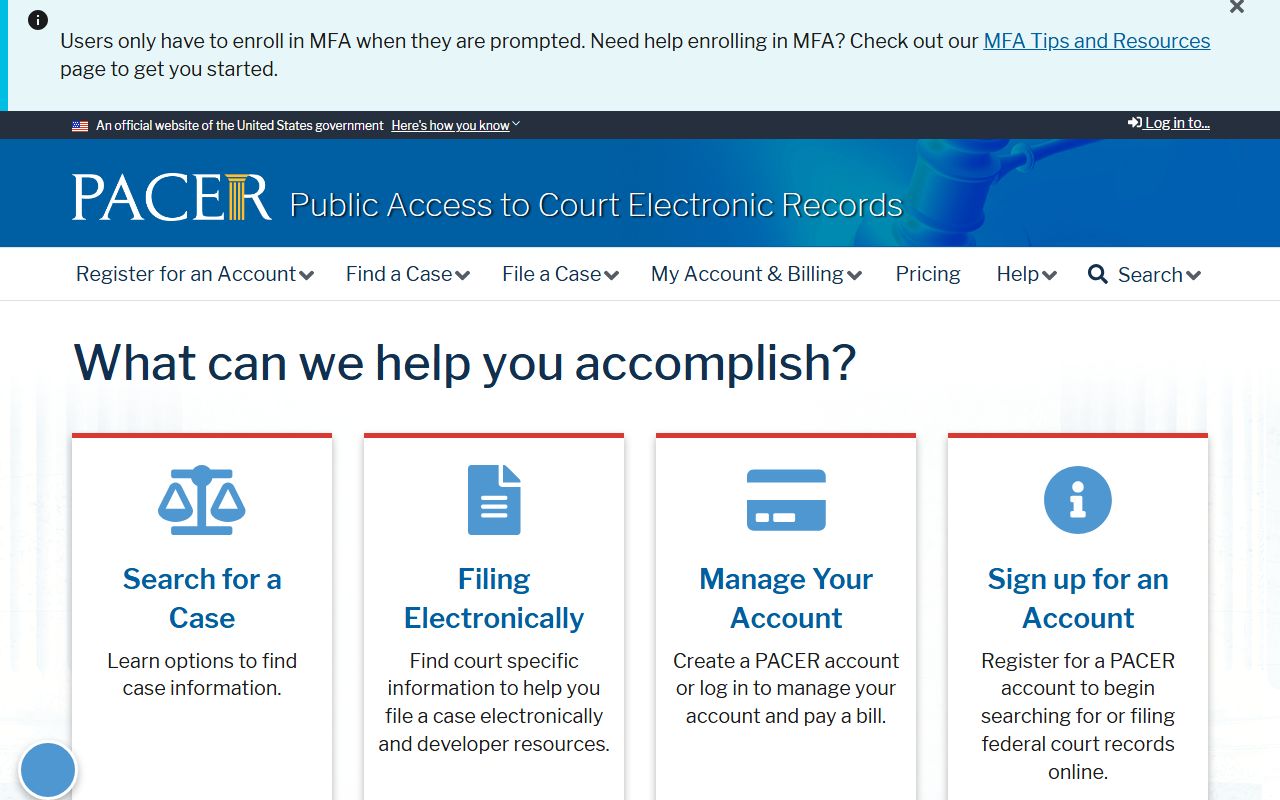 Federal PACER system for searching court records including Utah federal warrants