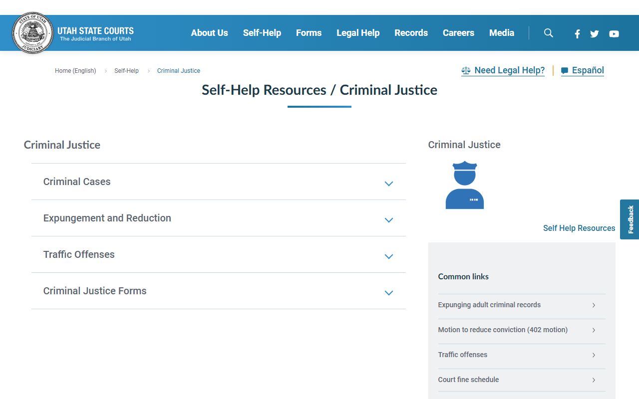 Utah Courts criminal justice self-help page for warrant records and cases