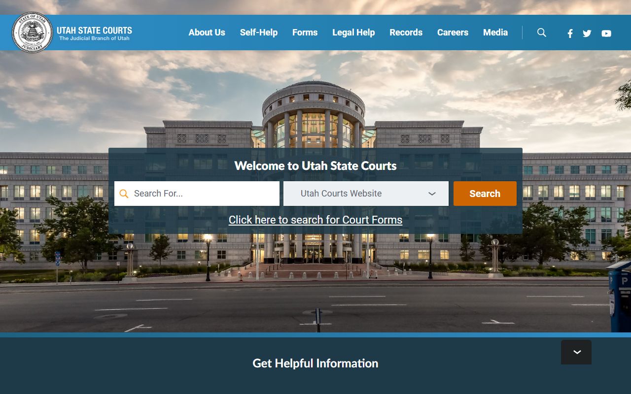 Utah State Courts homepage for searching warrant records and court cases
